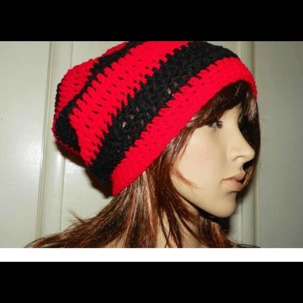 Red and Black Slouch Hat Hand Crochet NWT